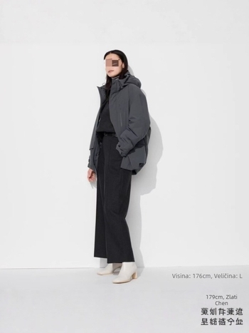 Muška jakna s kapuljačom od perja, debela i otporna na vjetar; sadržaj perja 81–85%, nadutost 700, srednja duljina 65–80 cm