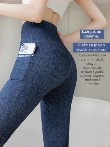 Ženske joga leggingice od imitacijskog denima, kontrola struka, podizanje stražnjice, s džepovima, duljina 9/10