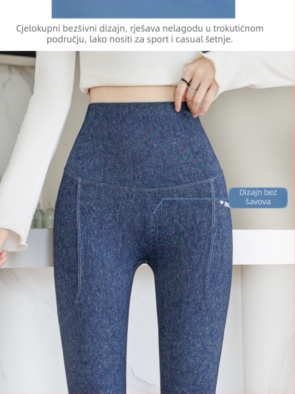 Ženske joga leggingice od imitacijskog denima, kontrola struka, podizanje stražnjice, s džepovima, duljina 9/10
