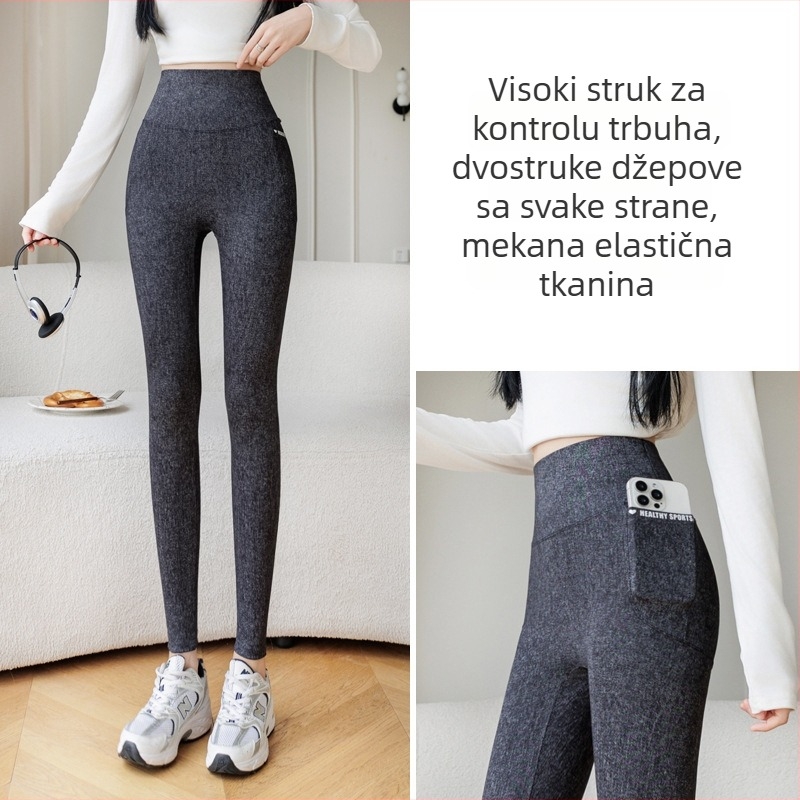 Ženske joga leggingice od imitacijskog denima, kontrola struka, podizanje stražnjice, s džepovima, duljina 9/10