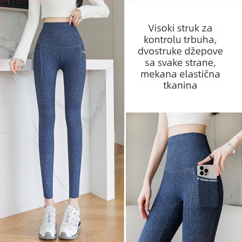 Ženske joga leggingice od imitacijskog denima, kontrola struka, podizanje stražnjice, s džepovima, duljina 9/10