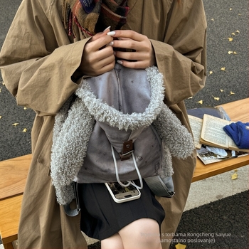 Ranac s ušima zeca, laminirani džep sa zatvaračem i kapom, Zima 2025, tkanina, poliester podstava