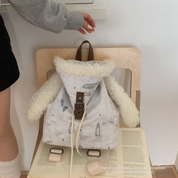 Ranac s ušima zeca, laminirani džep sa zatvaračem i kapom, Zima 2025, tkanina, poliester podstava