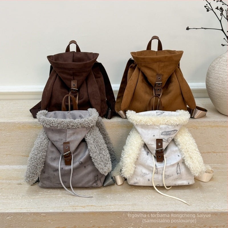 Ranac s ušima zeca, laminirani džep sa zatvaračem i kapom, Zima 2025, tkanina, poliester podstava