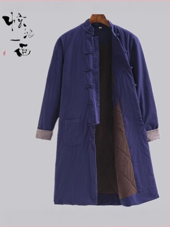 Muški dugi kaput od pamuka za zimu, kineski stil vintage, širok kroj, stojeći ovratnik, jednofarban