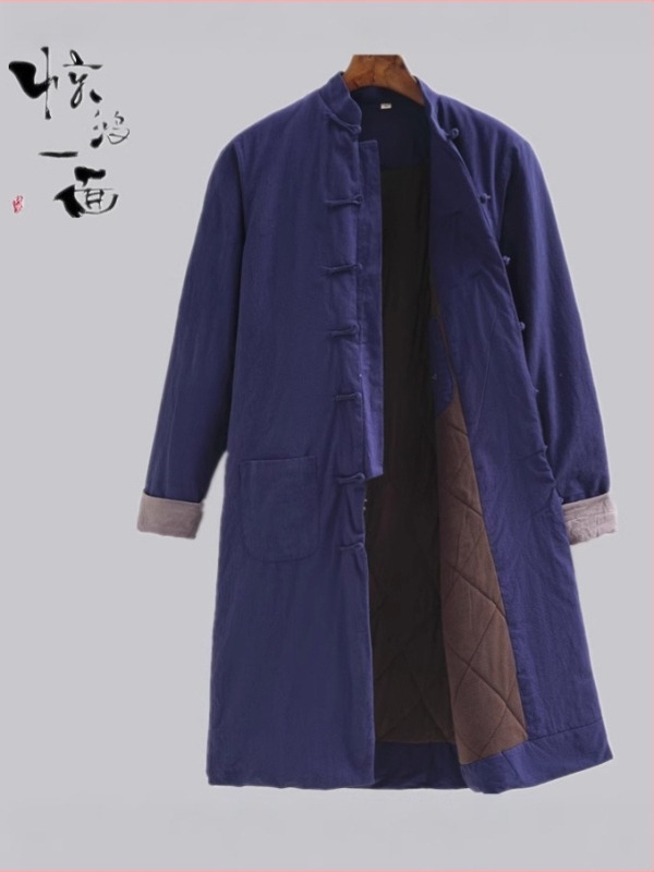 Muški dugi kaput od pamuka za zimu, kineski stil vintage, širok kroj, stojeći ovratnik, jednofarban