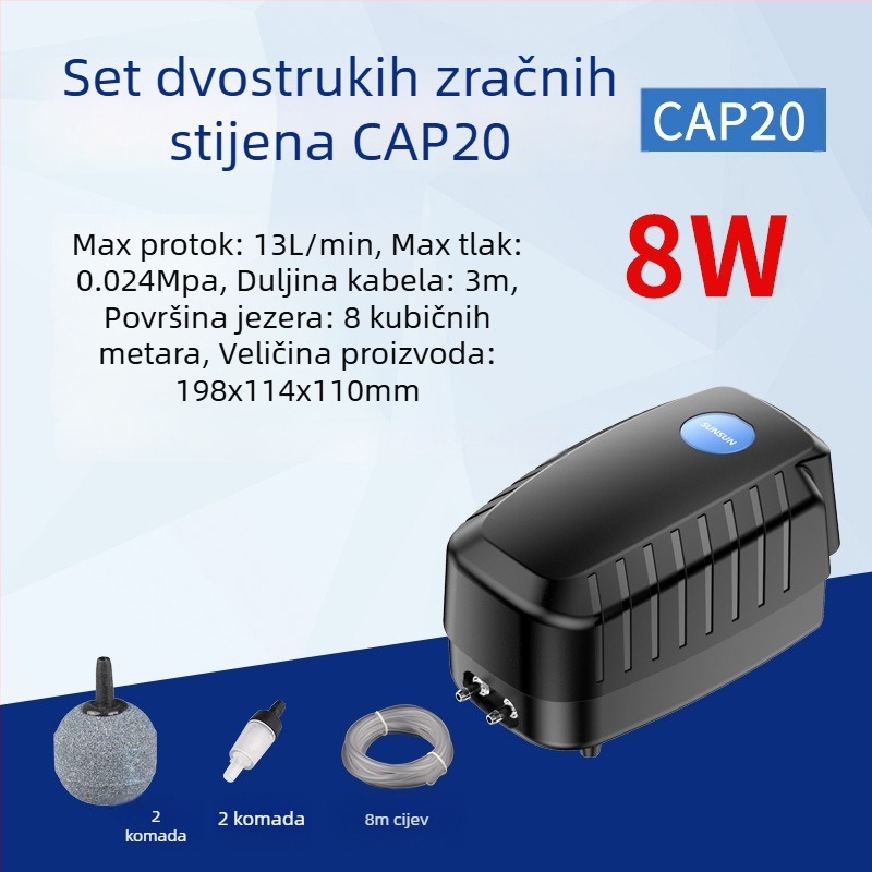 Pumpa za kisik ribnjaka – tiha SUNSUN, AC napajanje, buka 50 dB, težina 2–9 kg