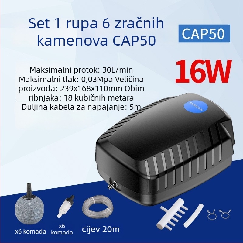 Pumpa za kisik ribnjaka – tiha SUNSUN, AC napajanje, buka 50 dB, težina 2–9 kg