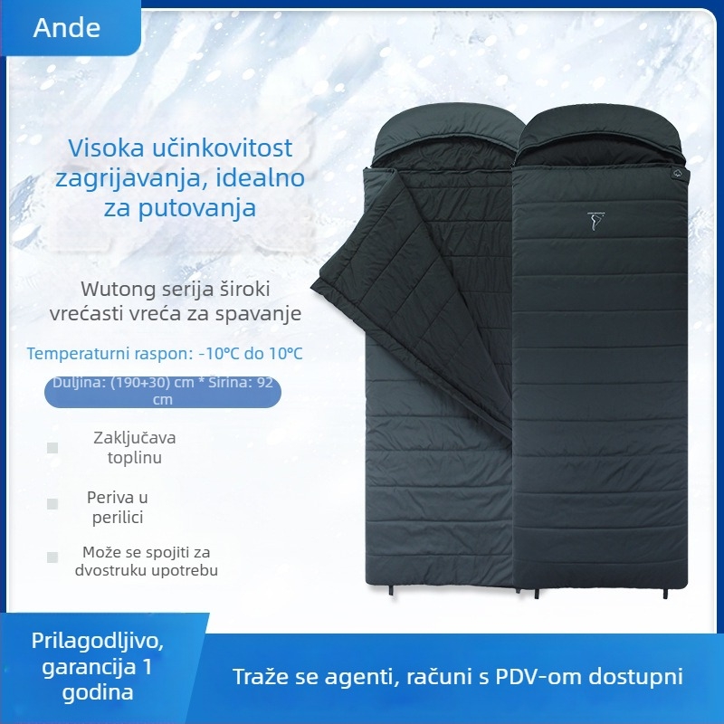 Spavaća vreća za odrasle, envelope stil, spojiva; punilo: kemijska vlakna; podstava: 100% poliester; tkanina: 100% poliester; težina: 1650–2100 g