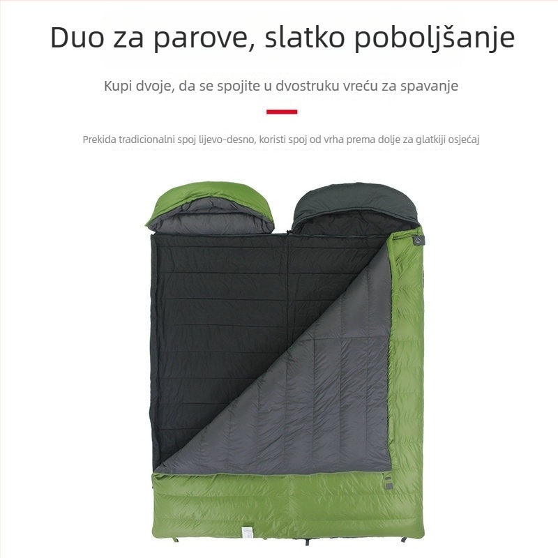 Spavaća vreća za odrasle, envelope stil, spojiva; punilo: kemijska vlakna; podstava: 100% poliester; tkanina: 100% poliester; težina: 1650–2100 g