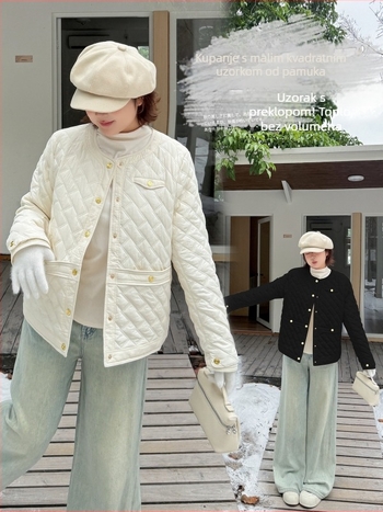 Ženska quilted pamučna jakna s dijamantnim uzorkom, okrugli ovratnik, prostrani kroj, dugi rukavi, zima 2025