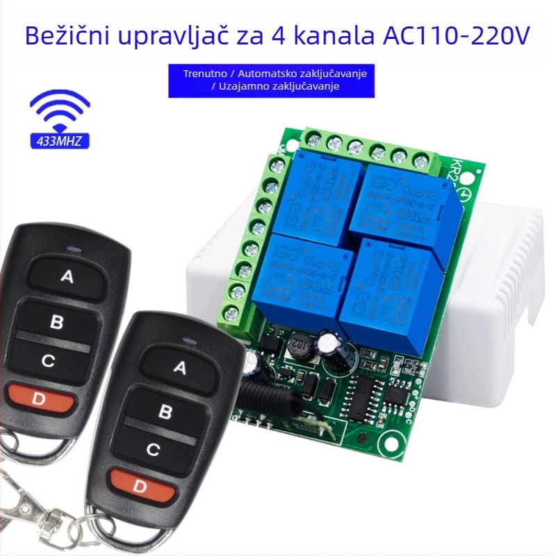 433MHz četiri-kanalni bežični prekidač upravljački modul za 110–220V relej