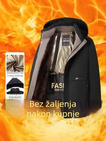 Muška parka jakna s odvojivom kapuljačom – crno-zlata fleece podstava, debelo zimsko kaput za poslovni stil