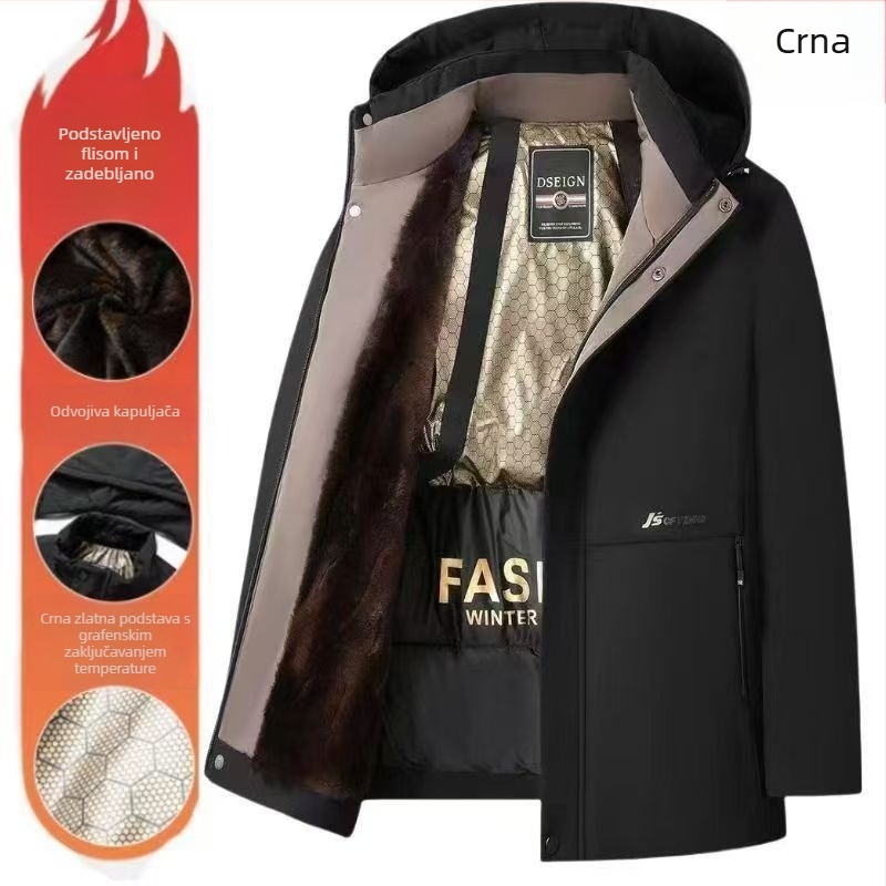 Muška parka jakna s odvojivom kapuljačom – crno-zlata fleece podstava, debelo zimsko kaput za poslovni stil