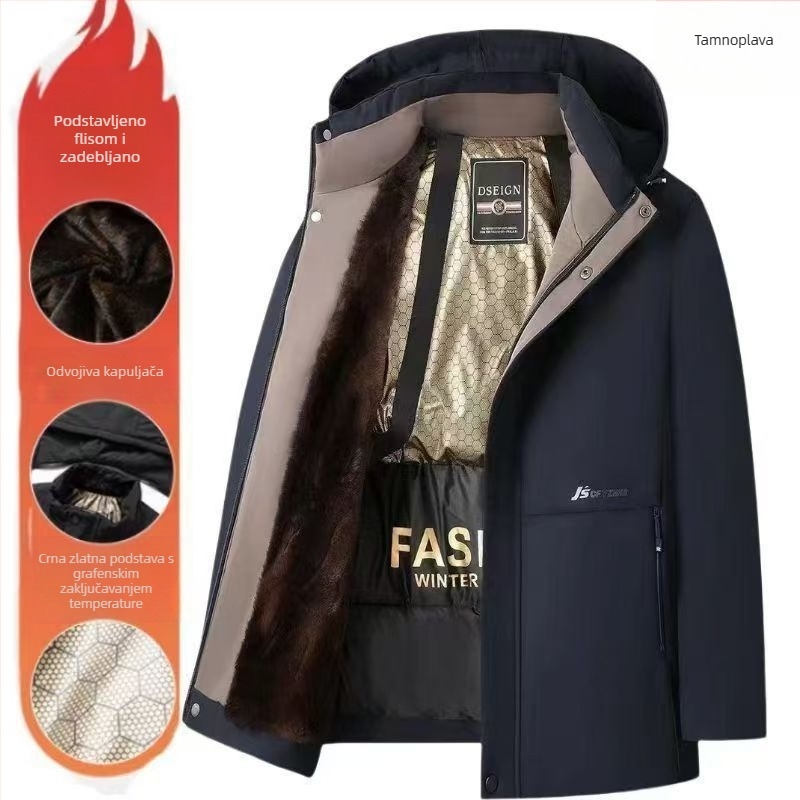 Muška parka jakna s odvojivom kapuljačom – crno-zlata fleece podstava, debelo zimsko kaput za poslovni stil