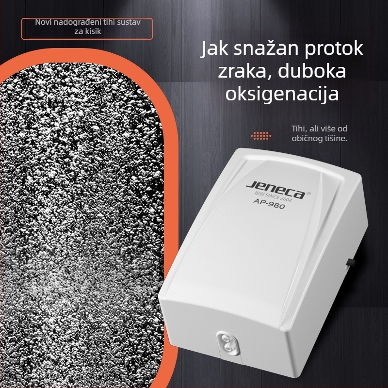 Jeneca Jinlijia Pumpa za kisik u akvariju — mala tiha kućna pumpa zraka; oksigenator i oksigenerator; težina 500 g; buka < 40 dB; napajanje AC