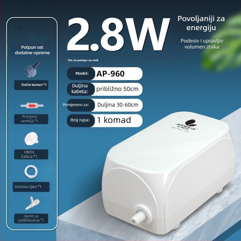 Jeneca Jinlijia Pumpa za kisik u akvariju — mala tiha kućna pumpa zraka; oksigenator i oksigenerator; težina 500 g; buka < 40 dB; napajanje AC