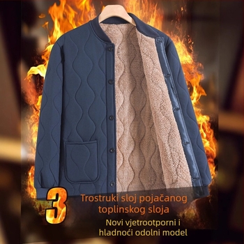 Zimska jakna od pamuka s punjenjem za muškarce srednje dobi, debela, s kopčanjem na jedno dugme u jednoj liniji, bez kapulje, jednobojna tkanina, poliester