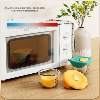 Dječja staklena zdjela za pohranu i kuhanje na paru – mikrovalna, okrugla, kapacitet ispod 300 ml, set sa žlicom