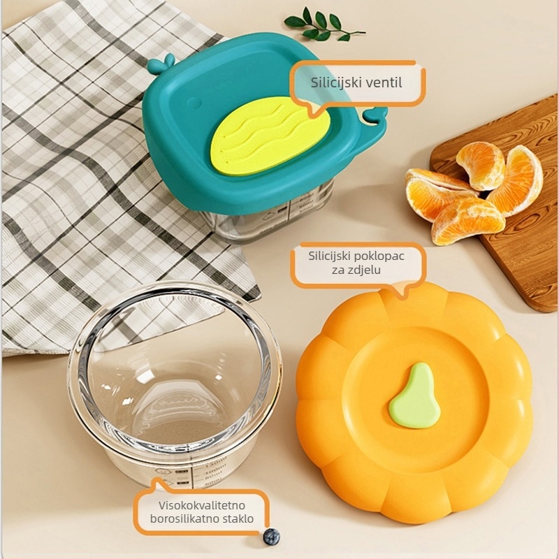 Dječja staklena zdjela za pohranu i kuhanje na paru – mikrovalna, okrugla, kapacitet ispod 300 ml, set sa žlicom