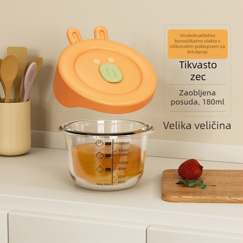 Dječja staklena zdjela za pohranu i kuhanje na paru – mikrovalna, okrugla, kapacitet ispod 300 ml, set sa žlicom