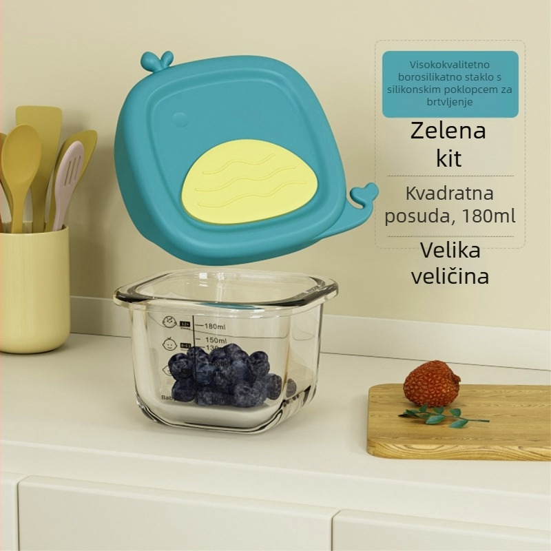 Dječja staklena zdjela za pohranu i kuhanje na paru – mikrovalna, okrugla, kapacitet ispod 300 ml, set sa žlicom