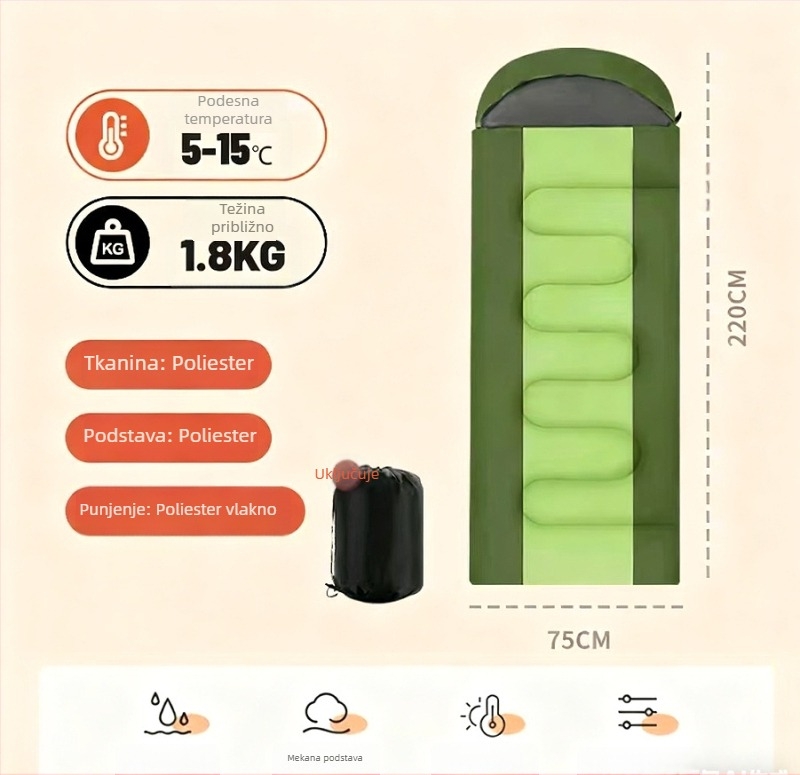 Spavaća vreća za outdoor kampiranje – punilo od šupljeg pamuka, navlaka od 190T vodootporne poliester tkanine, kofer-stil dizajn, za odrasle, 2,3 kg
