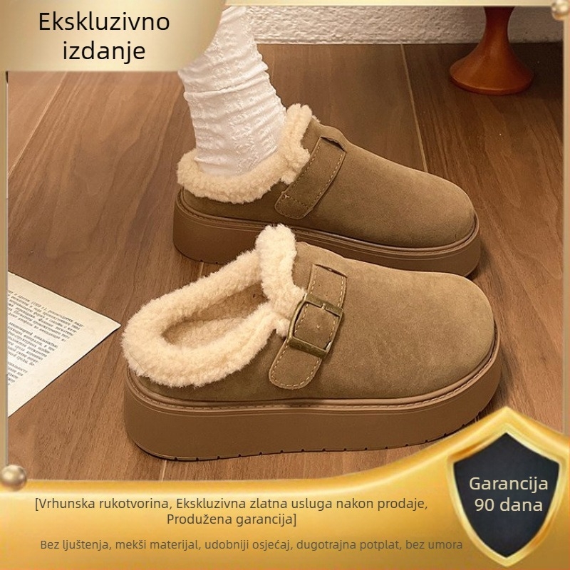 Ženske Birkenstock stil papuča s debelim potplatom, pliš gornji dio, umjetna pliš unutrašnjost, gumeni potplat, visina pete 6-8 cm, zimsko izdanje 2025