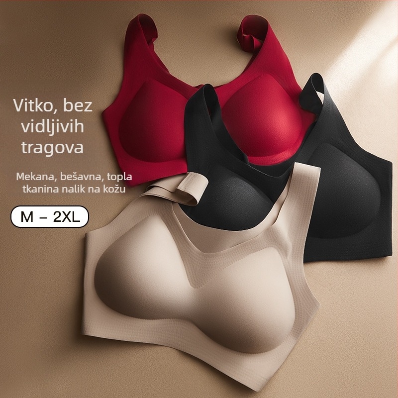 Crveni push-up grudnjak za mali bust, bešavni, prozračan, fiksne naramenice, tanke oblikovane košarice, materijal najlon; podstava 70–80% najlona