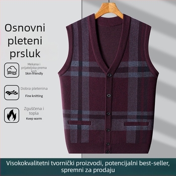 Muški pleteni kardigan-vest s V-izrezom, bez rukava, jacquard pleteni, vuna 30–35%, debeli
