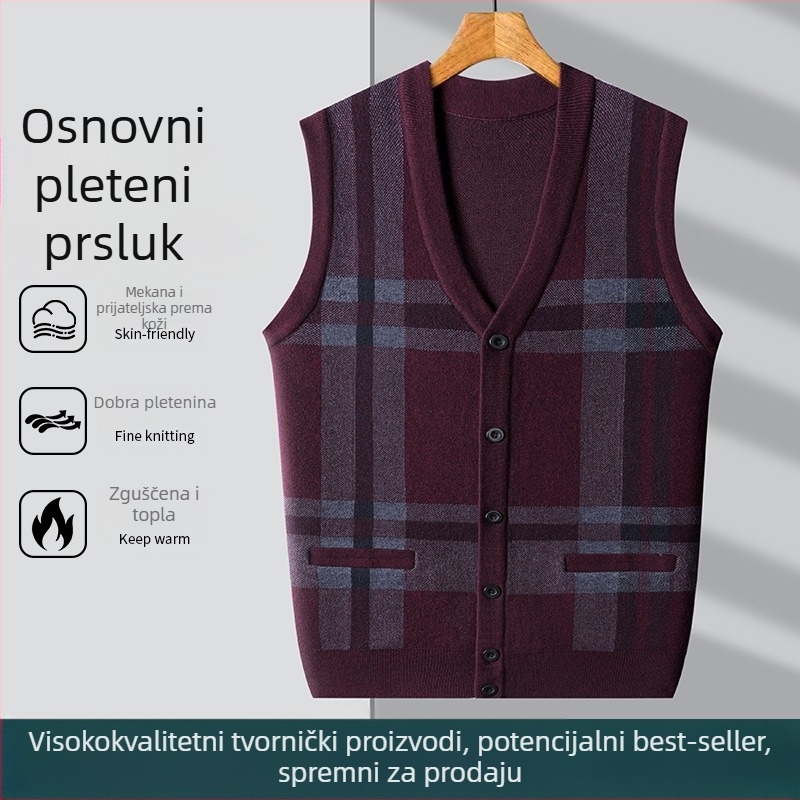 Muški pleteni kardigan-vest s V-izrezom, bez rukava, jacquard pleteni, vuna 30–35%, debeli