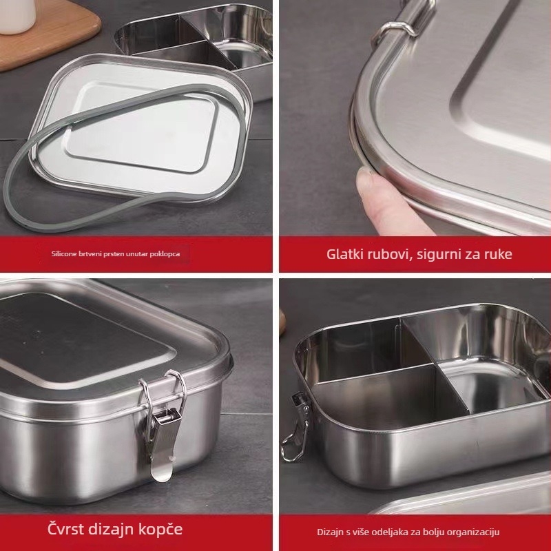 Pravokutna kutija za obrok od nehrđajućeg čelika 304, s tri odjeljka, otporna na propuštanje, mikrovalna pećnica