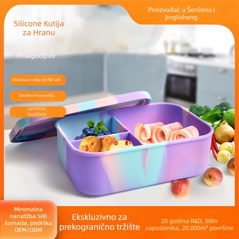 Pravougaona kutija za ručak s tri odjeljka, silikon za prehranu, mikrovalna kompatibilna, ukupni kapacitet 1,2 L