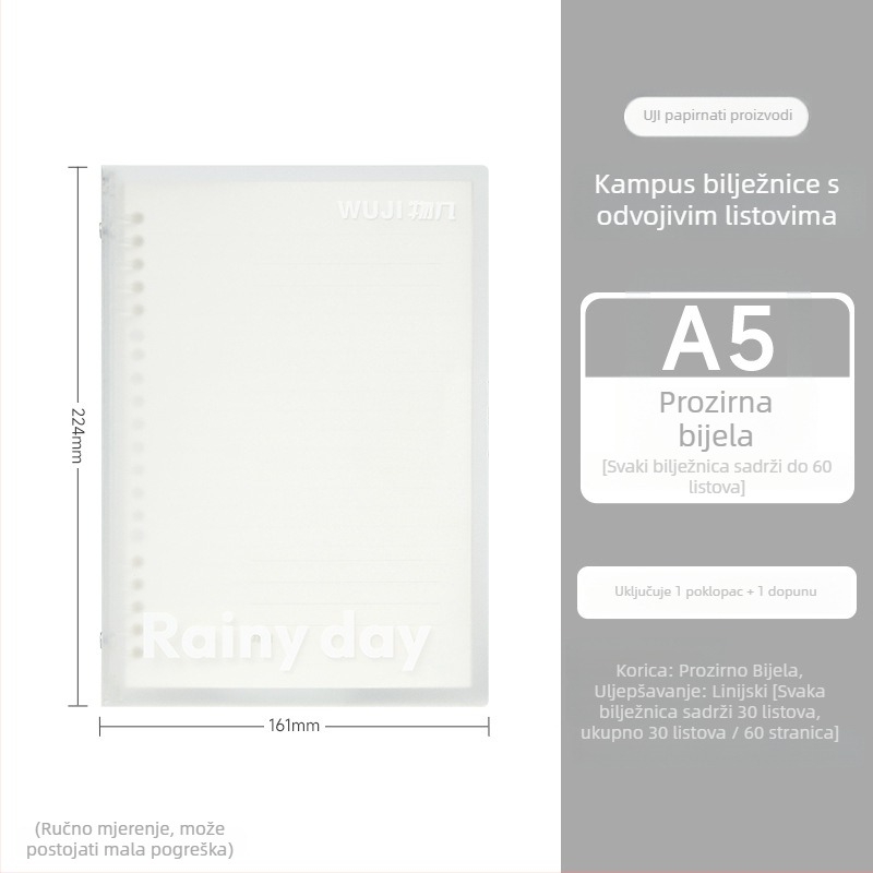 Studentski bilježnica s odvojivim listovima, 30 listova, kvalitetan papir