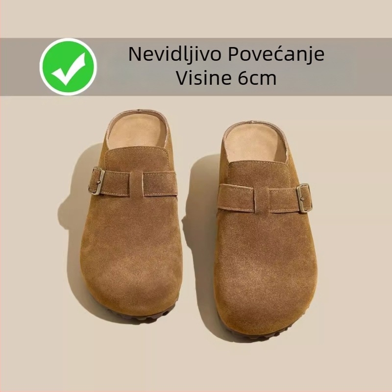 Slip-on papuče s unutarnjom visinom 6 cm, retro debeli đon, gornji dio od kravlje nubuk kože, okrugli vrh, gumeni đon, ljeto 2025