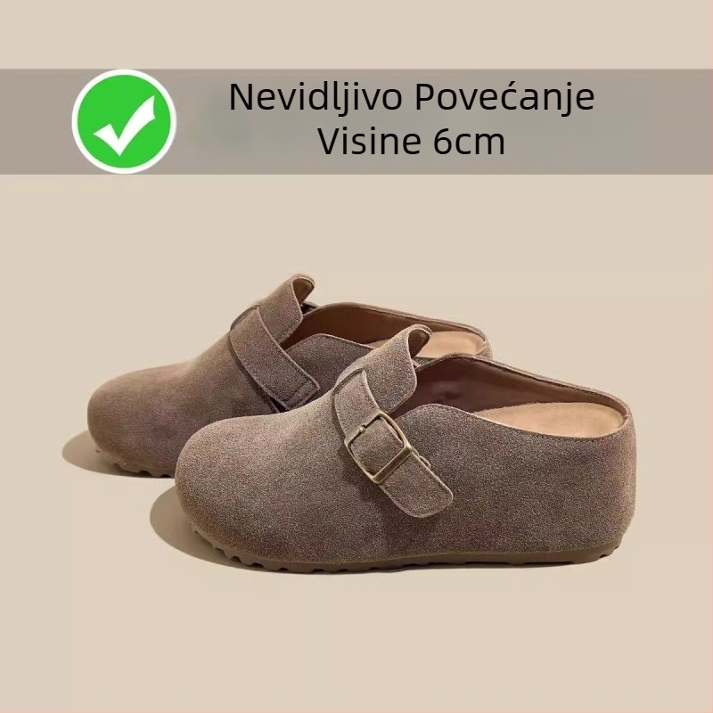 Slip-on papuče s unutarnjom visinom 6 cm, retro debeli đon, gornji dio od kravlje nubuk kože, okrugli vrh, gumeni đon, ljeto 2025