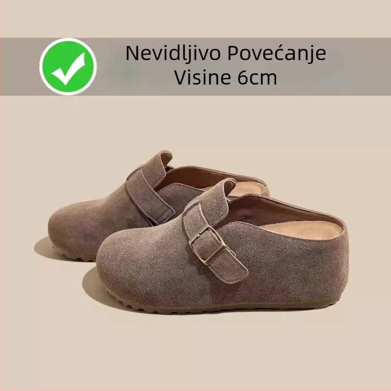 Slip-on papuče s unutarnjom visinom 6 cm, retro debeli đon, gornji dio od kravlje nubuk kože, okrugli vrh, gumeni đon, ljeto 2025