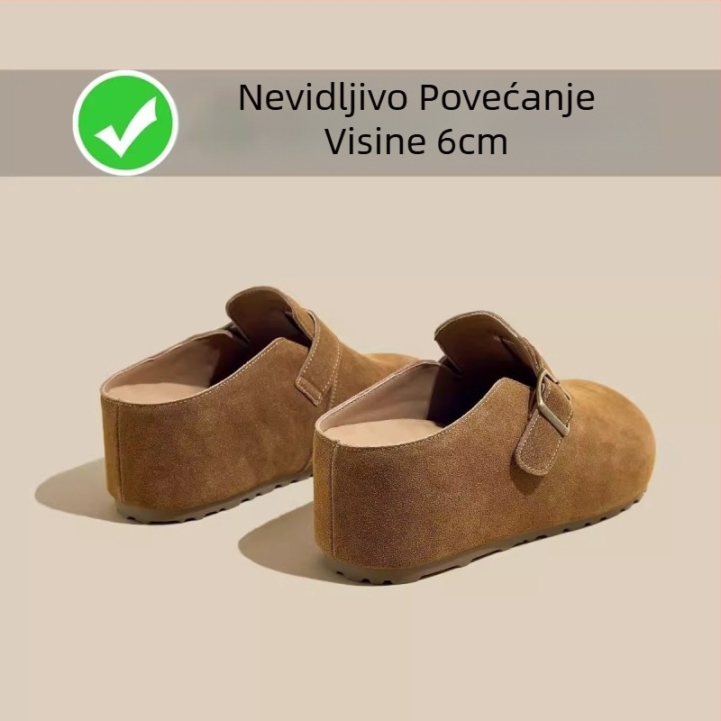 Slip-on papuče s unutarnjom visinom 6 cm, retro debeli đon, gornji dio od kravlje nubuk kože, okrugli vrh, gumeni đon, ljeto 2025