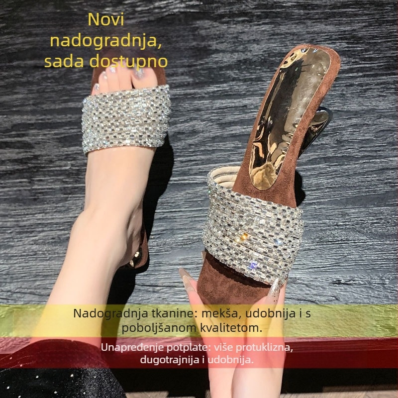 Ženske sandale sa rhinestones na visokim petama, kvadratni vrh, gornji dio: super vlakna, potplat: guma, stil: korejski