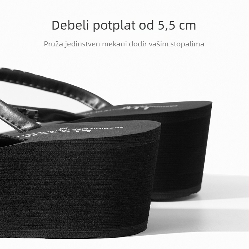 Ženske japanke s klinom za ljeto, protuklizna podloga, debela podloga, gornji dio: miješani materijal, podloga: TPR