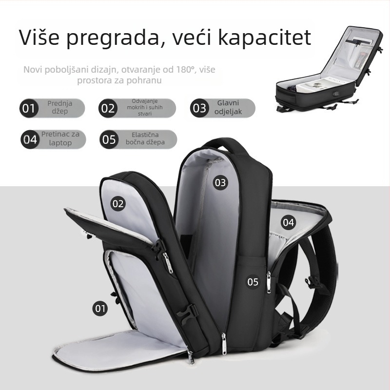 Putni ruksak, unisex, velika zapremina 36–55 L, kompatibilan s 16-inčnim prijenosnim računalom, PU materijal, vodootporan, USB sučelje