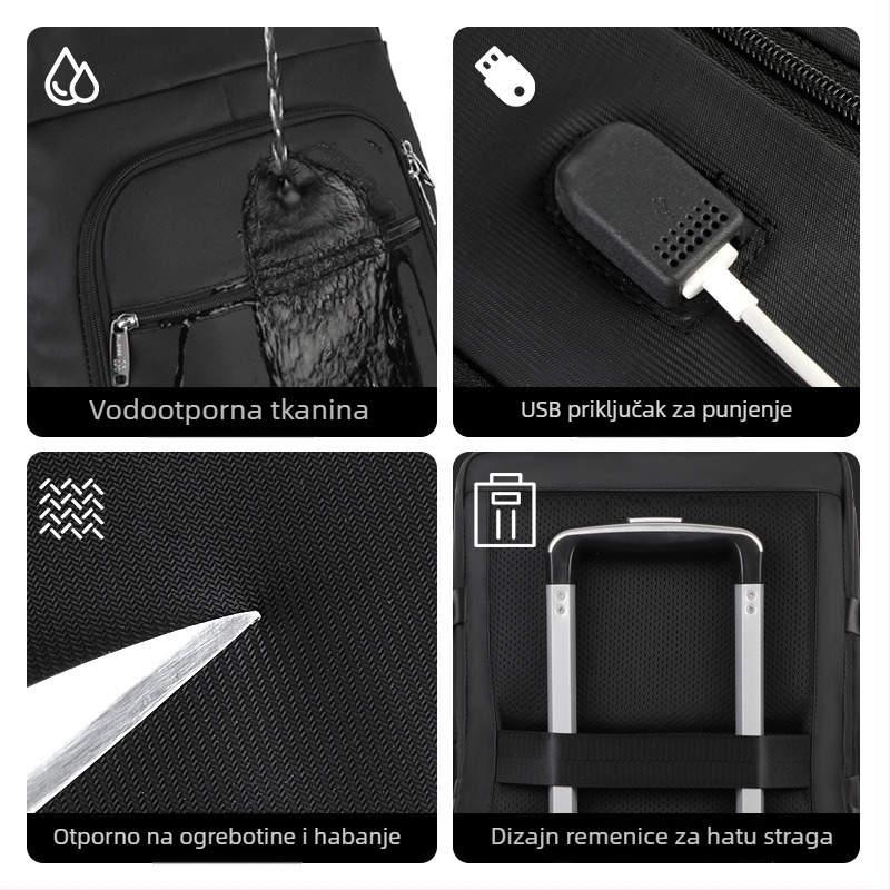Putni ruksak, unisex, velika zapremina 36–55 L, kompatibilan s 16-inčnim prijenosnim računalom, PU materijal, vodootporan, USB sučelje