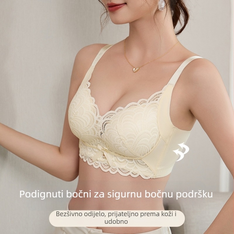 Čipkasti grudnjak s učinkom skupljanja, 3/4 košarica; materijal: Nylon + Spandex; podstava: Nylon; naramenice fiksne dvostruke; stražnje zatvaranje s četiri reda kukica