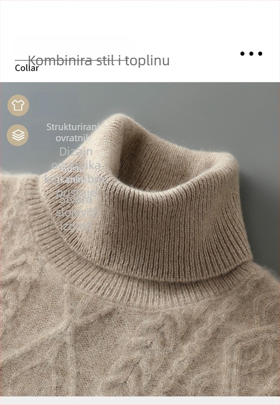 Muški džemper jacquard, slobodan kroj, visoki ovratnik, debela vuna, 100% vuna, za zimu