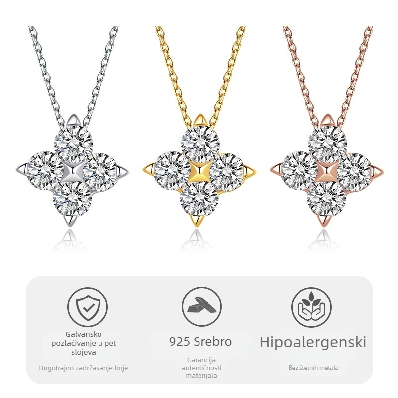 Ogrlica od srebra 925 s moissanitnim četverolisnom detelinom, podesiva duljina 21–50 cm, za žene