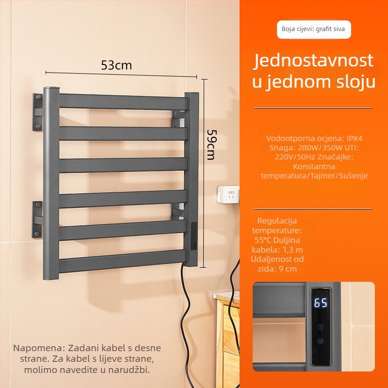 Električna držač za ručnike, bez bušenja, dvostruki sloj grijanja, Space aluminij, antimikrobna sterilizacija, tajmer i kontrola stalne temperature
