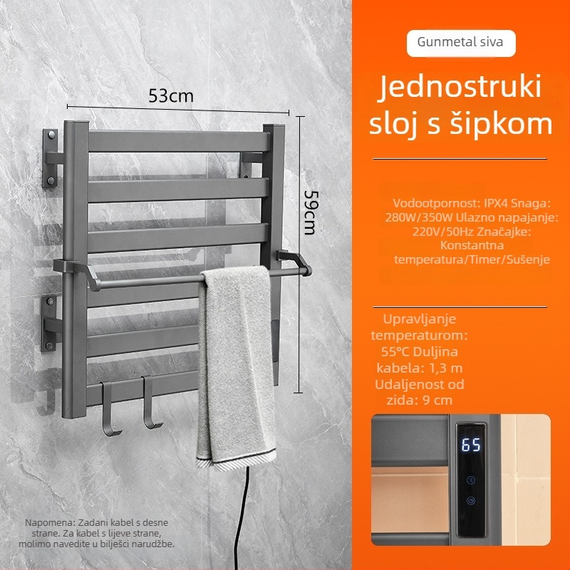 Električna držač za ručnike, bez bušenja, dvostruki sloj grijanja, Space aluminij, antimikrobna sterilizacija, tajmer i kontrola stalne temperature