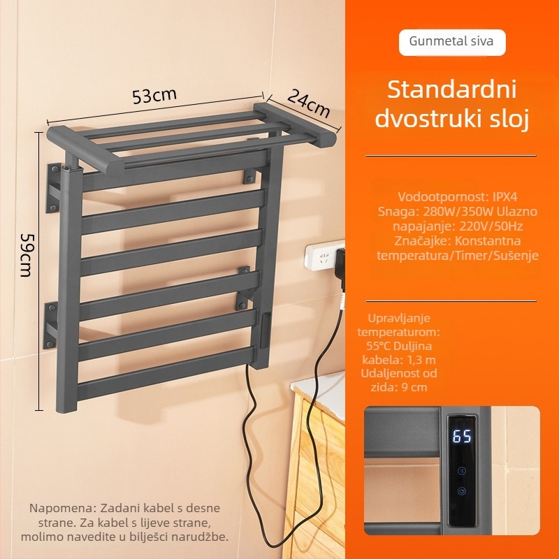 Električna držač za ručnike, bez bušenja, dvostruki sloj grijanja, Space aluminij, antimikrobna sterilizacija, tajmer i kontrola stalne temperature
