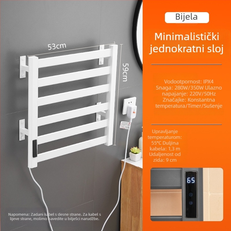 Električna držač za ručnike, bez bušenja, dvostruki sloj grijanja, Space aluminij, antimikrobna sterilizacija, tajmer i kontrola stalne temperature