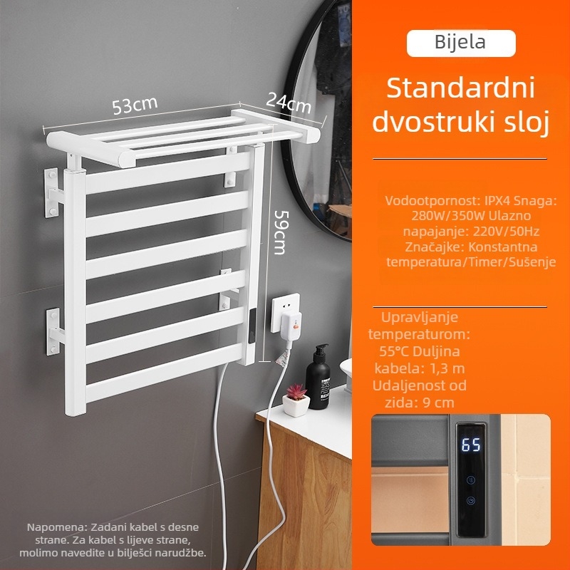 Električna držač za ručnike, bez bušenja, dvostruki sloj grijanja, Space aluminij, antimikrobna sterilizacija, tajmer i kontrola stalne temperature